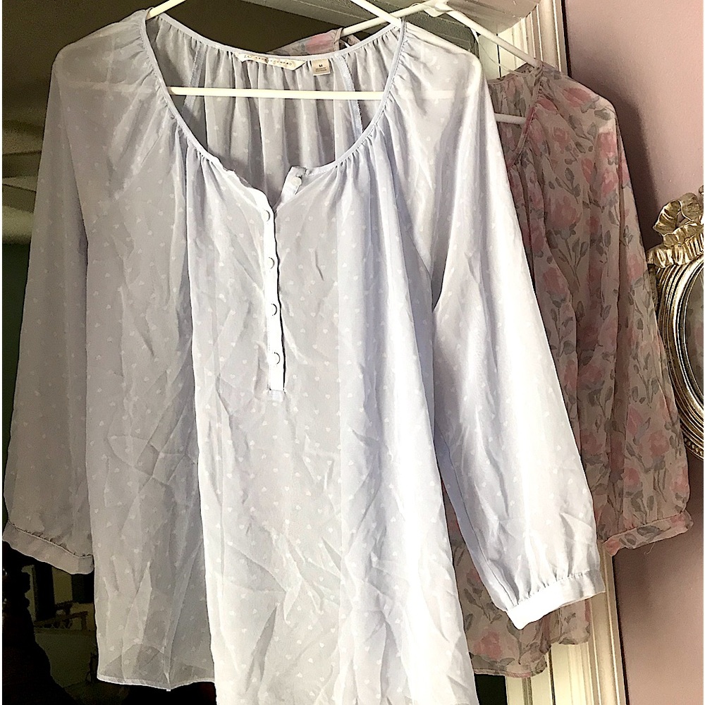 Lauren Conrad Sheer Blouse - Pale Blue With Tiny White Hearts